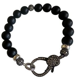 Classic Matte Onyx Pave Clasp Bracelet Black Silver Beaded Stretch Bracelet